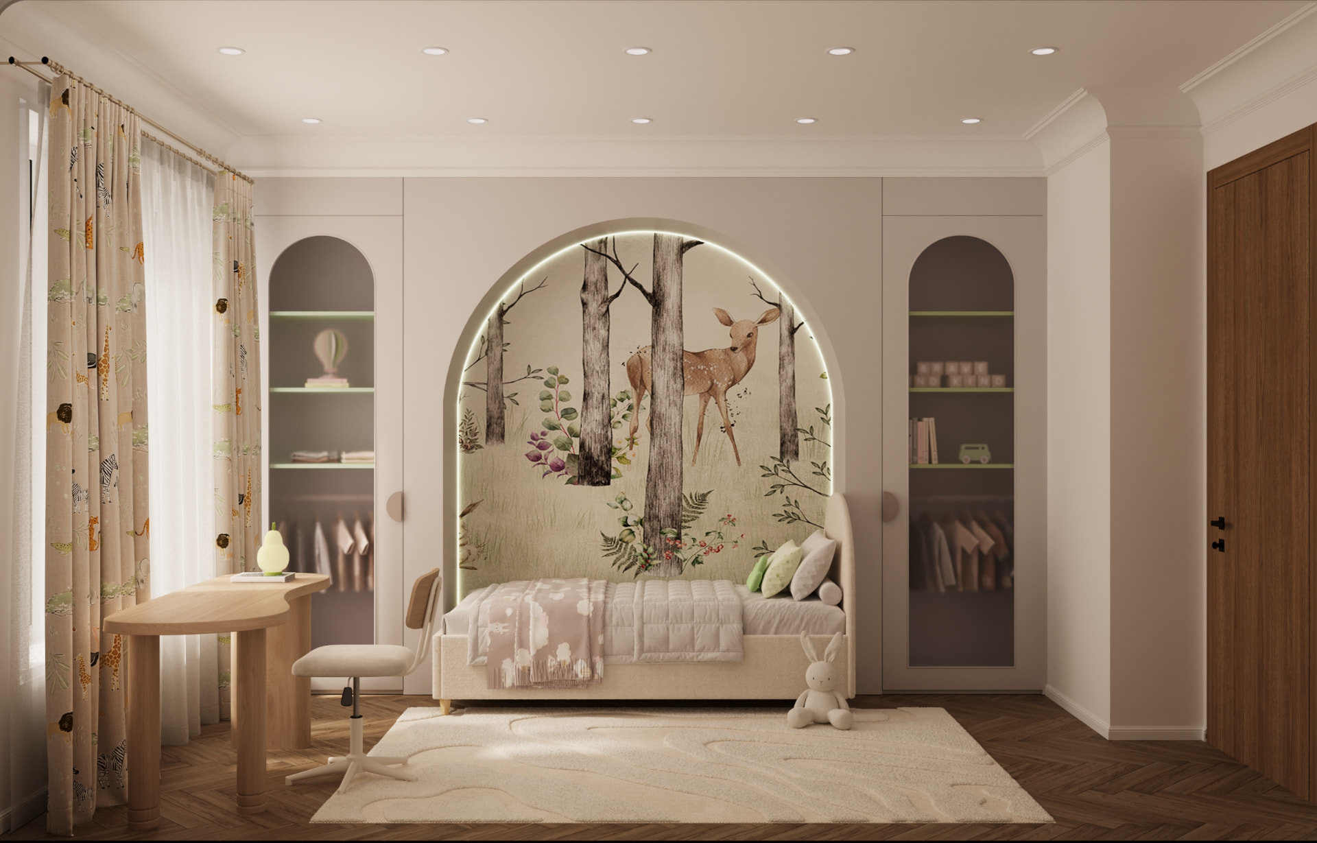 Child's bedroom with an arched forest mural and animal-print curtains