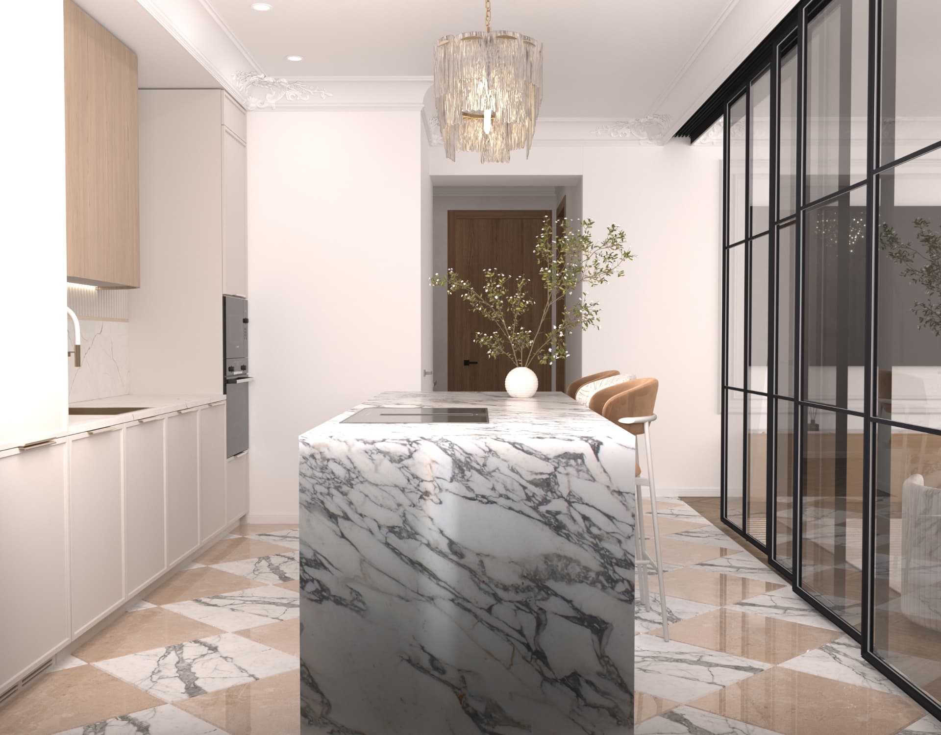 Kitchen island in veined marble beside a black-framed glass partition
