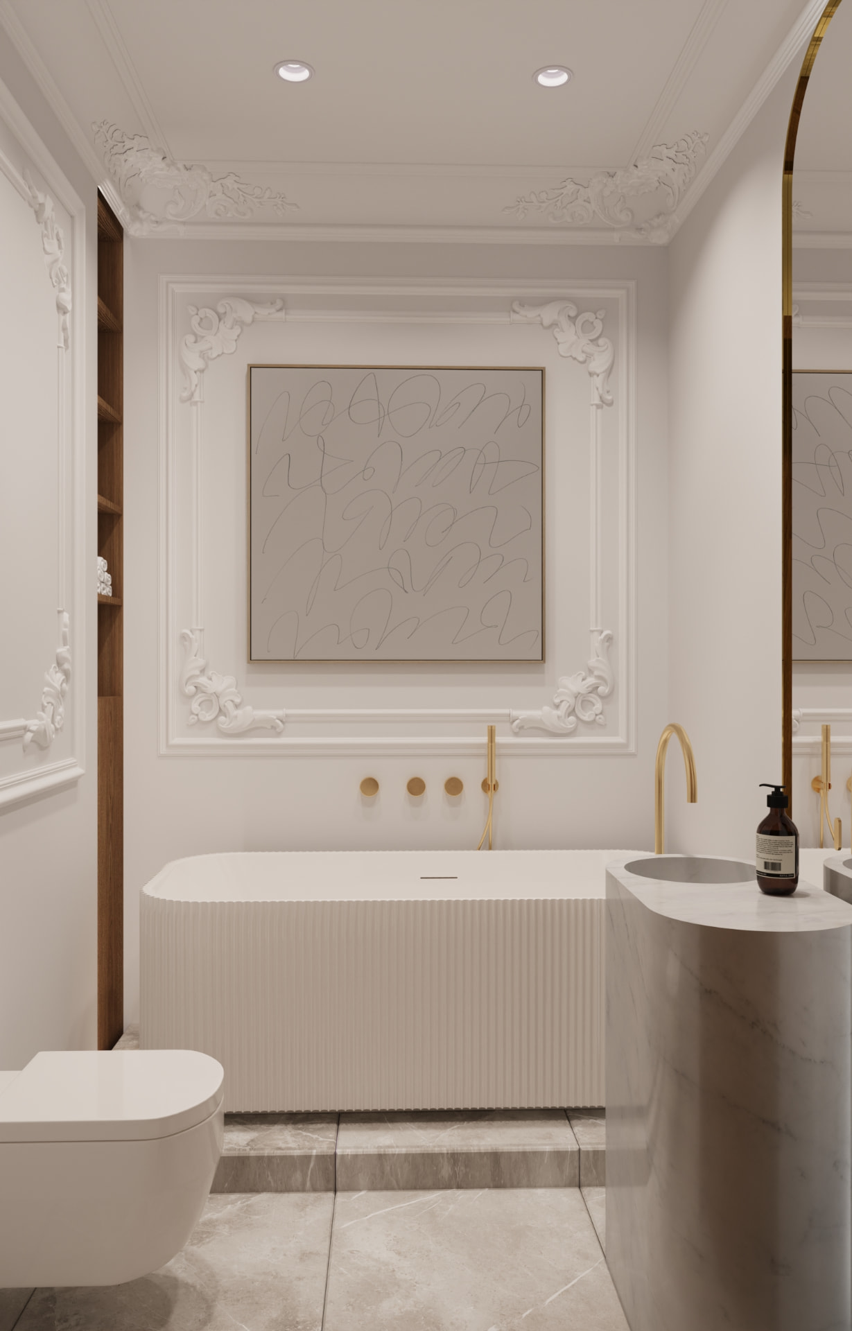 Bathroom with a fluted tub, brass taps and ornate ceiling mouldings