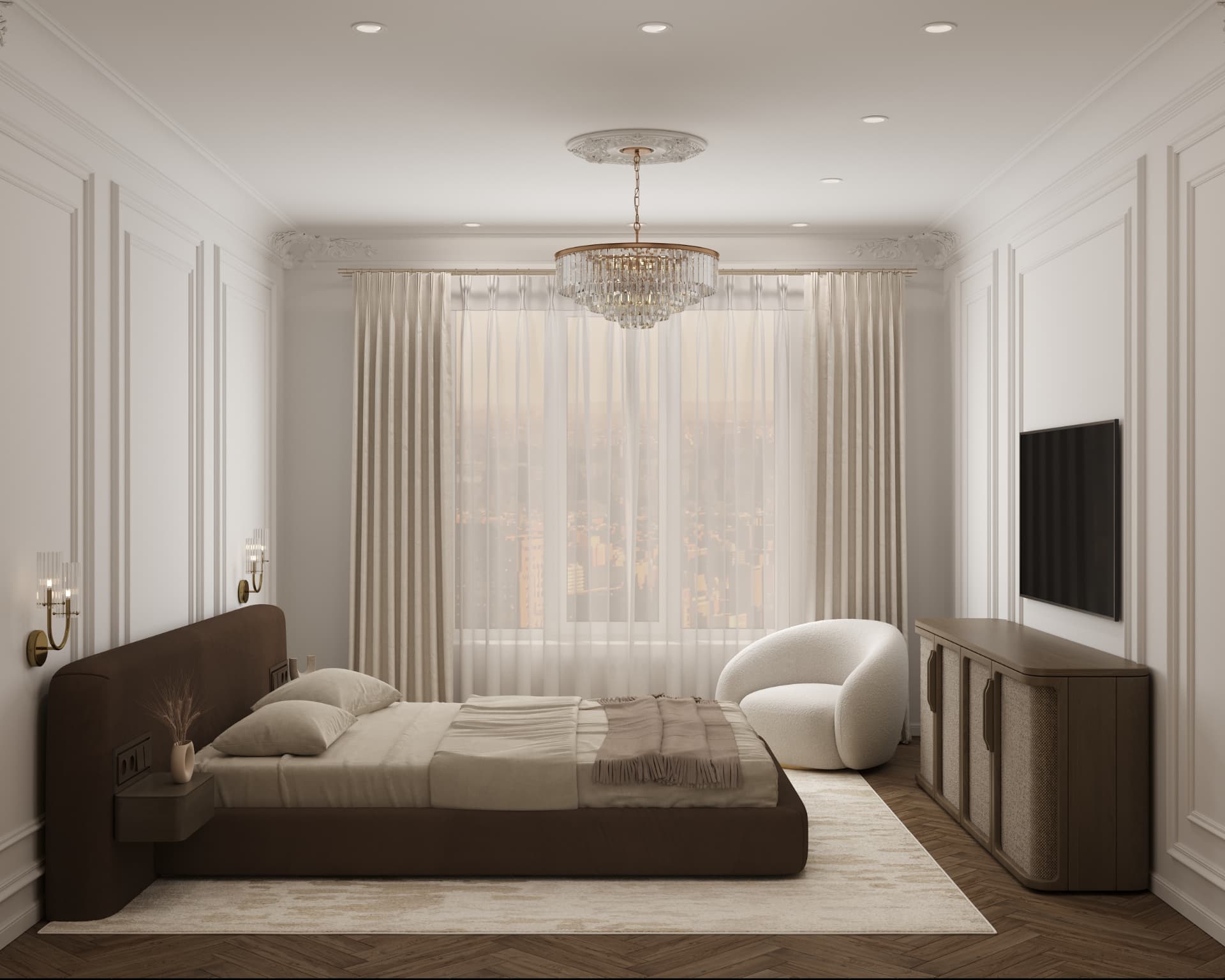 Serene master bedroom with a chocolate brown bed and crystal chandelier