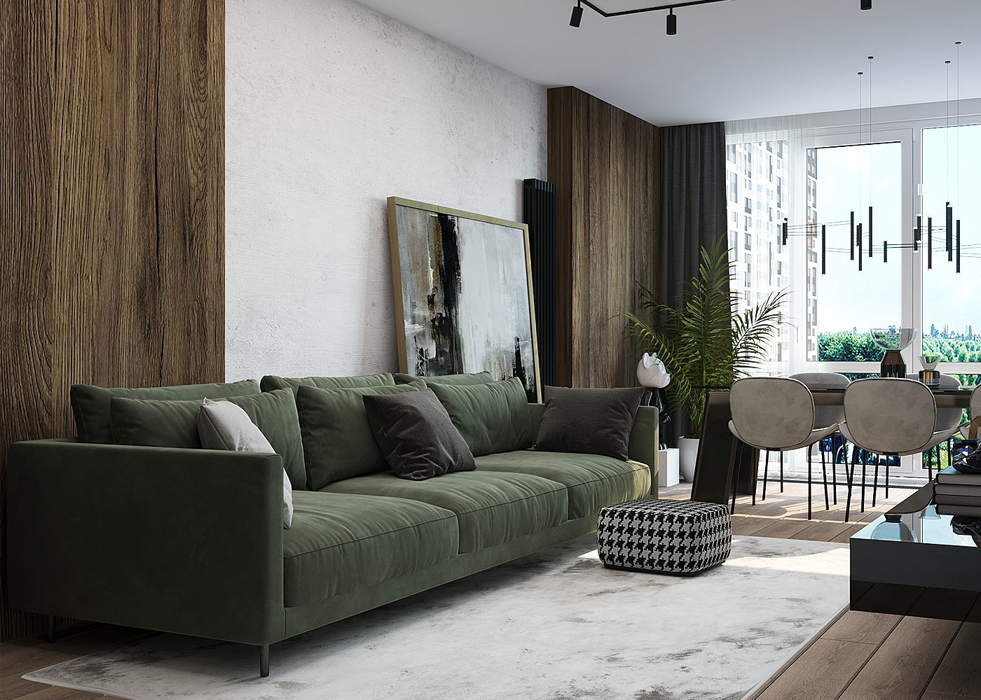 Green velvet sofa and houndstooth pouf beside a dining area with city views