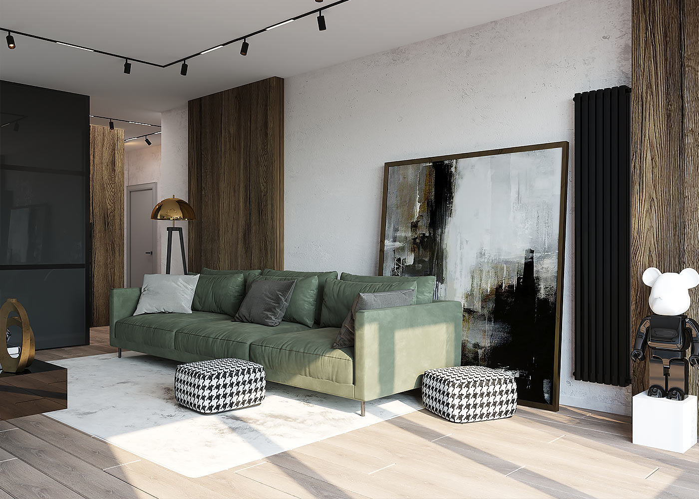 Living room with a deep green velvet sofa, abstract artwork and wood panelled walls