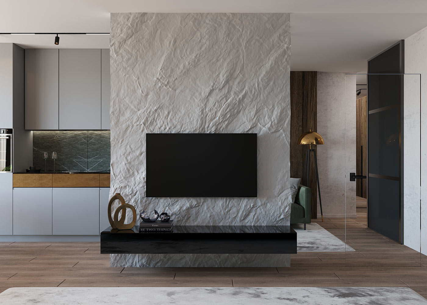 Textured stone feature wall with a mounted TV, looking through to the kitchen