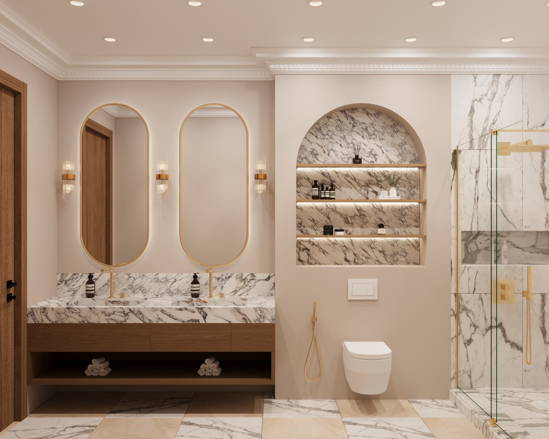 Master bathroom with marble, arched niches and brass fittings