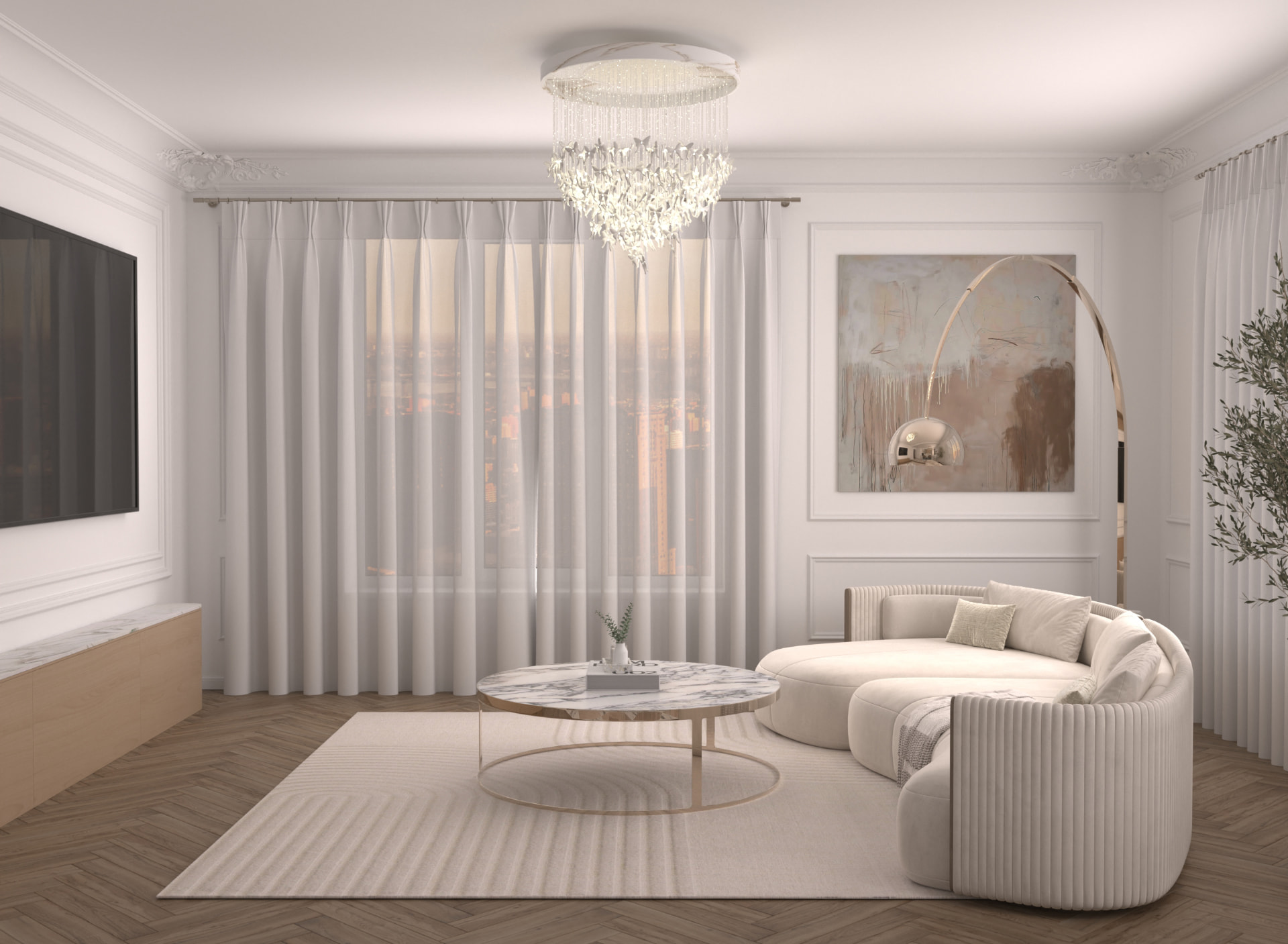 Curved sofa and marble coffee table under a cascading chandelier