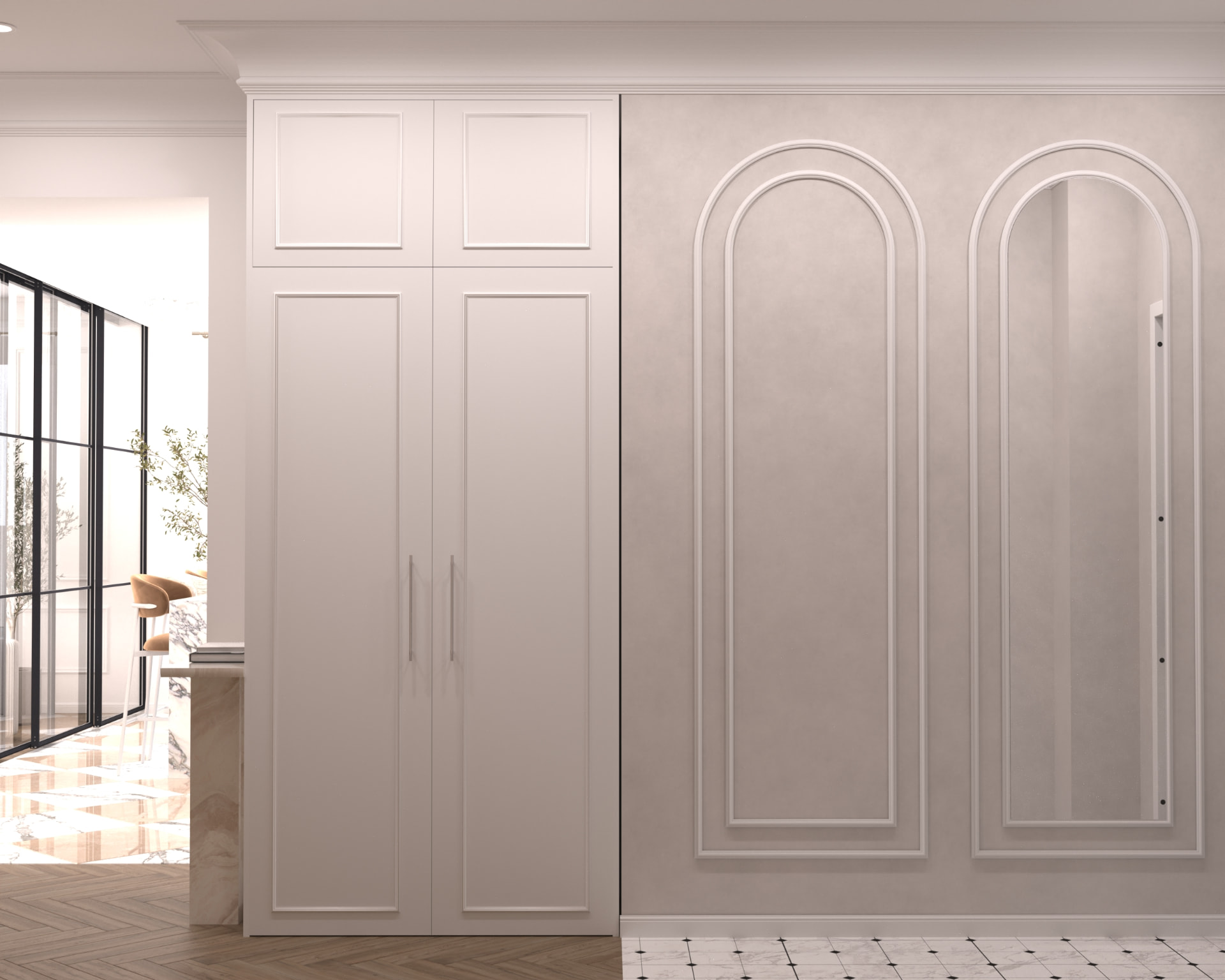 Hallway with arched wall panels, built-in wardrobe and patterned marble floor