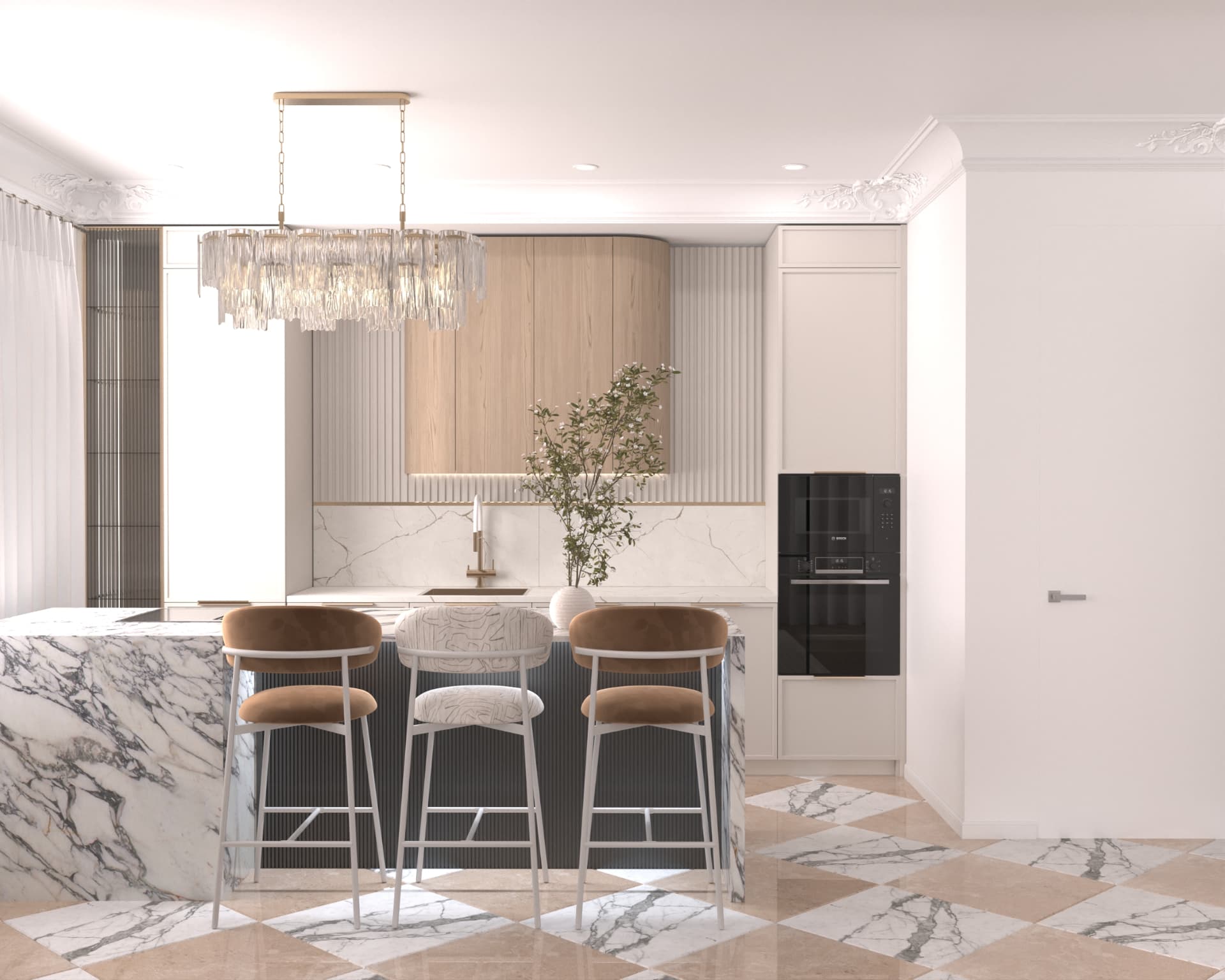 Marble kitchen island with caramel bar stools and a crystal chandelier