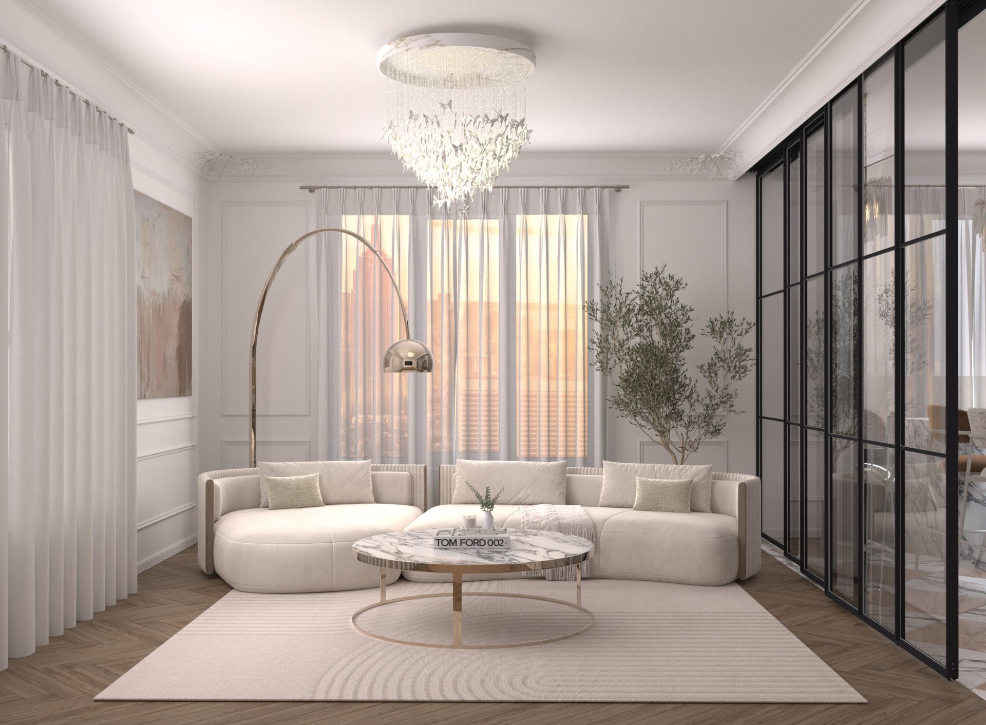 Elegant cream living room with a curved sofa, chandelier and city view at sunset